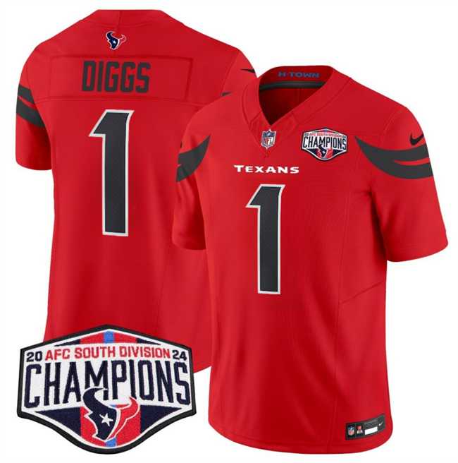 Men%27s Houston Texans #1 Stefon Diggs Red F.U.S.E. 2024 AFC South Division Champions Vapor Limited Stitched Jersey